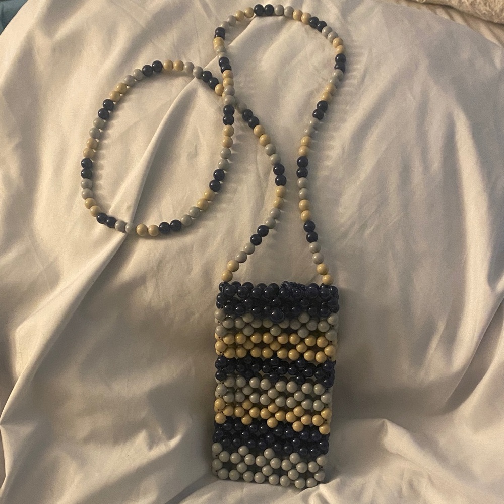 Beaded Crossbody Bag in Blue and Cream